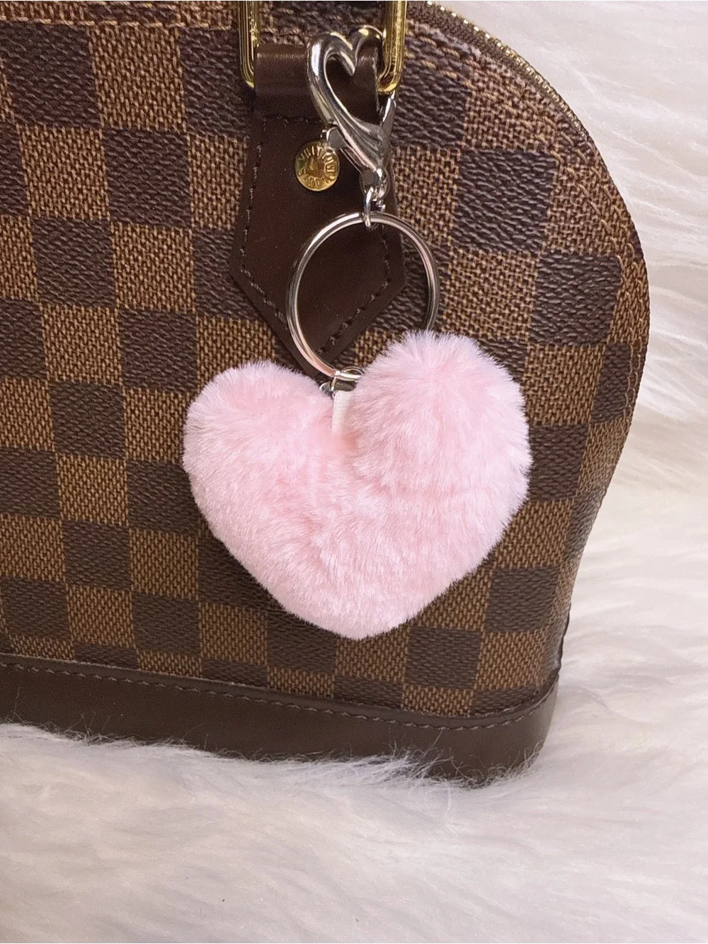 Pink Heart Fur Keychain with Silver Bow Charm